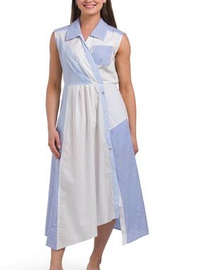 Sleeveless Blue and White Striped High-Low Shirt Dress